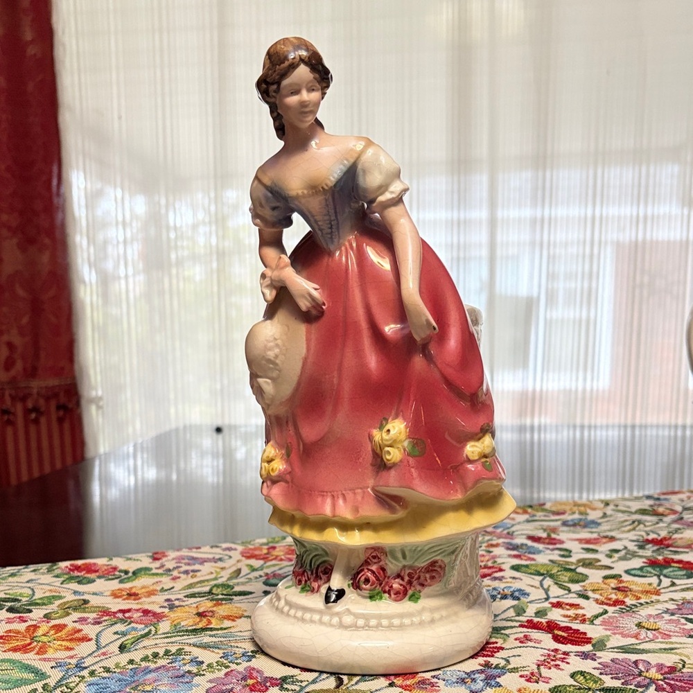 Vintage Porcelain Lady Figurine Planter/Vase in Coral and Yellow Dress